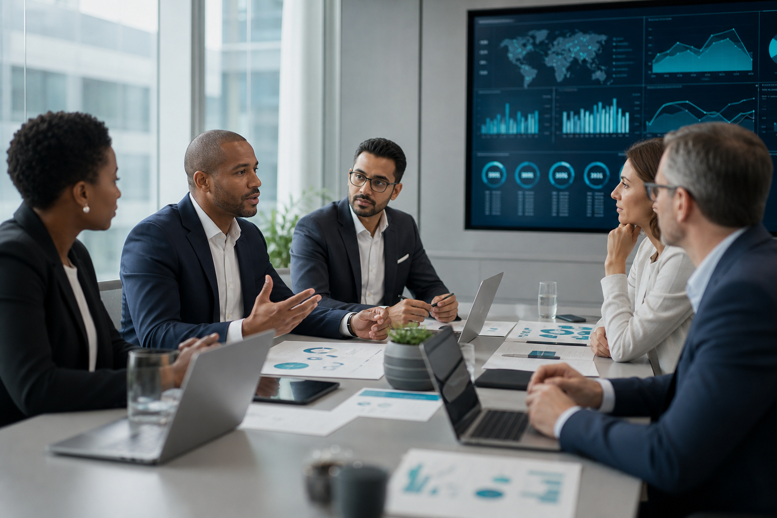 Financial technology advisory team reviewing strategy and risk controls
